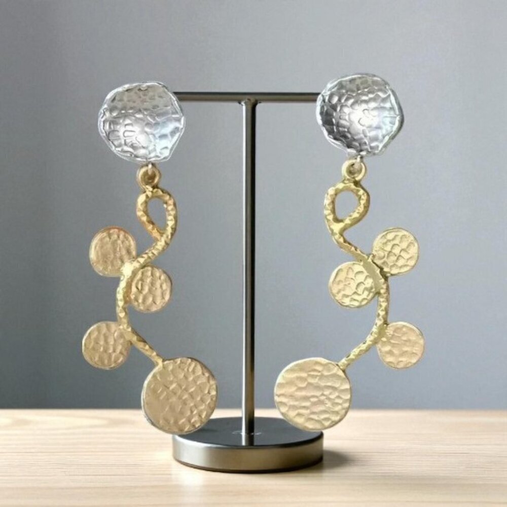 Turkish Artisan Hammered Drop Earrings 18K Gold Silver Two Tone Boho Whimsigoth